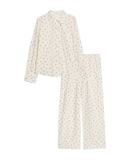Pyžamová souprava Dobby z čisté bavlny s květinovým motivem