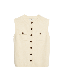 Pletený vestový kabát z mraky s kapsami a kulatým výstřihem