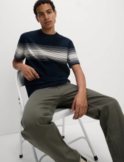 Pure Cotton Chest Stripe Crew Neck T-Shirt