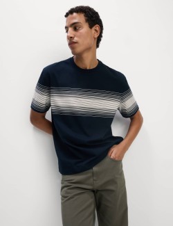 Pure Cotton Chest Stripe Crew Neck T-Shirt