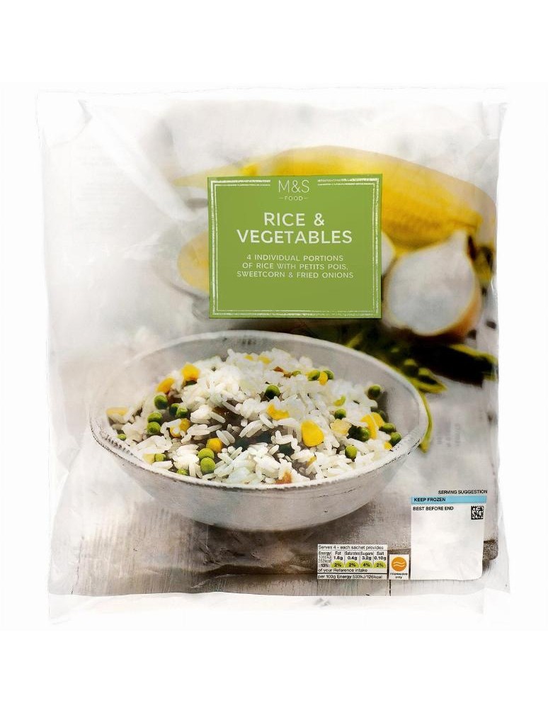 Směs vařené dlouhozrnné rýže, mladého hrášku, kukuřice a smažené cibule