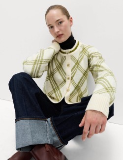 Kostkovaný kardigan s výstřihem ke krku, s příměsí vlny