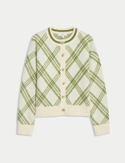 Checked Crew Neck Cardigan With Wool