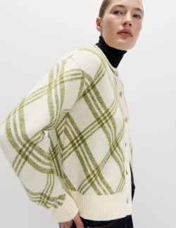 Checked Crew Neck Cardigan With Wool