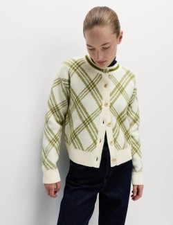 Checked Crew Neck Cardigan With Wool