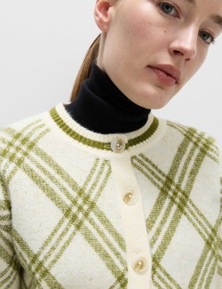 Checked Crew Neck Cardigan With Wool