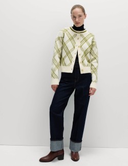 Checked Crew Neck Cardigan With Wool