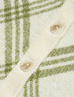 Checked Crew Neck Cardigan With Wool