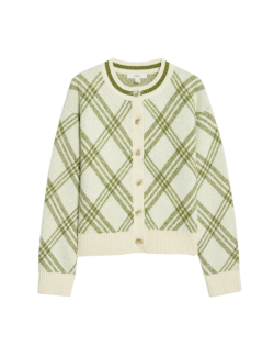 Checked Crew Neck Cardigan With Wool