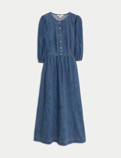 Džínové midi šaty se zvýrazněným pasem, z čisté bavlny