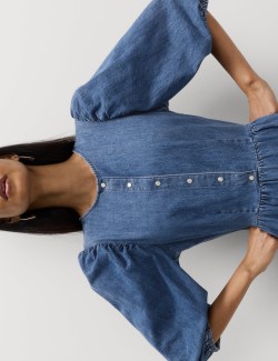 Džínové midi šaty se zvýrazněným pasem, z čisté bavlny