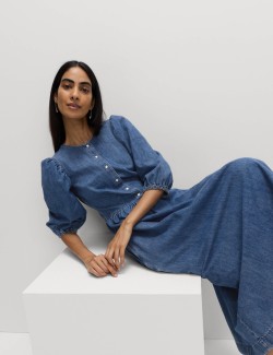 Džínové midi šaty se zvýrazněným pasem, z čisté bavlny