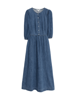 Džínové midi šaty se zvýrazněným pasem, z čisté bavlny