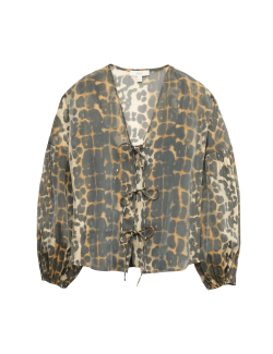 Organzový top se zavazováním vepředu, zvířecím potiskem a výstřihem do V