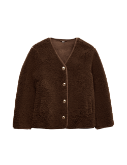 Volná bunda z umělé kožešiny se zlatým knoflíkem