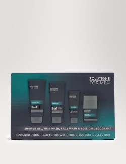 Sada sprchového gelu, šamponu, mycího gelu na obličej a kuličkového antiperspirantu Refresh z řady Solutions for Men