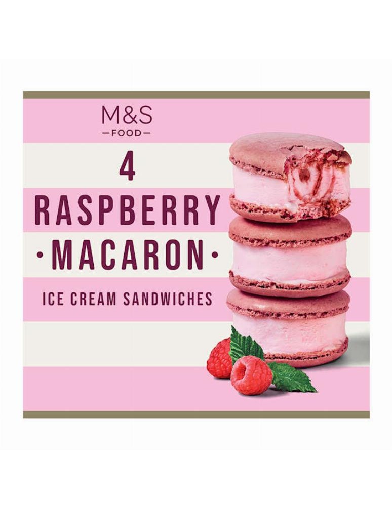 Mléčná malinová zmrzlina s makronkami s malinovou příchutí (38 %) a malinovou omáčkou (10 %)