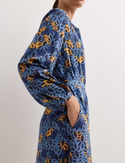 Kolové midi šaty z čistého hedvábí s potiskem listů