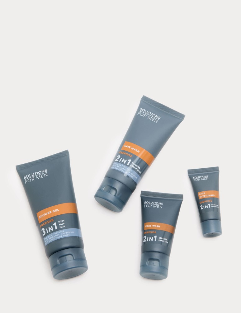 Sada sprchového gelu, šamponu, mycího gelu na obličej a hydratačního krému Energise z řady Solutions for Men