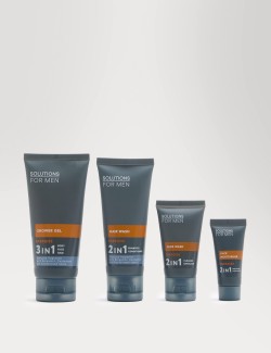 Sada sprchového gelu, šamponu, mycího gelu na obličej a hydratačního krému Energise z řady Solutions for Men