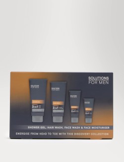 Sada sprchového gelu, šamponu, mycího gelu na obličej a hydratačního krému Energise z řady Solutions for Men