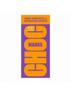 Formovaná mléčná čokoláda s kousky mandlí (8 %), kousky sušenek (5 %) a pomerančovými granulkami (2,5 %)