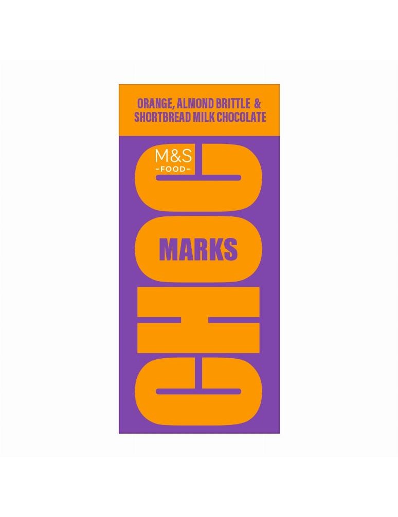 Formovaná mléčná čokoláda s kousky mandlí (8 %), kousky sušenek (5 %) a pomerančovými granulkami (2,5 %)