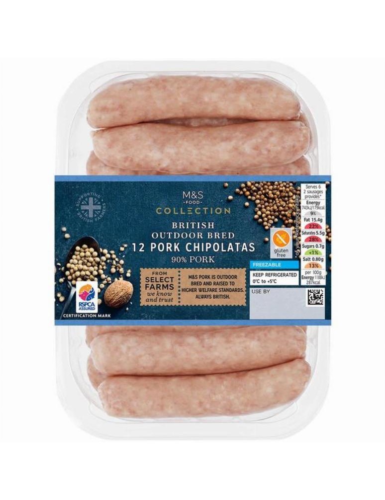 12 vepřových klobás typu Chipolata z britského masa prasat chovaných venku