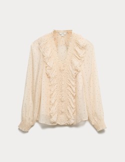 Top s puntíky, výstřihem do V a volány