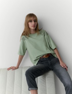Pure Cotton Studded Western Crew Neck T-Shirt