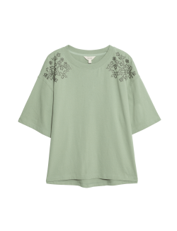 Pure Cotton Studded Western Crew Neck T-Shirt