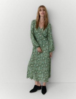 Printed V-Neck Midi Relaxed Dress
