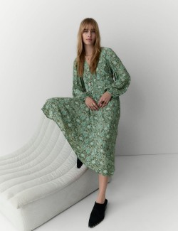 Printed V-Neck Midi Relaxed Dress