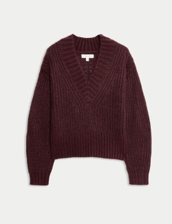 Ribbed V-Neck Puff Sleeve Jumper with Wool