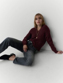 Ribbed V-Neck Puff Sleeve Jumper with Wool