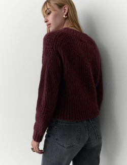 Ribbed V-Neck Puff Sleeve Jumper with Wool