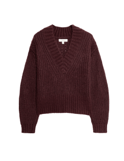 Ribbed V-Neck Puff Sleeve Jumper with Wool