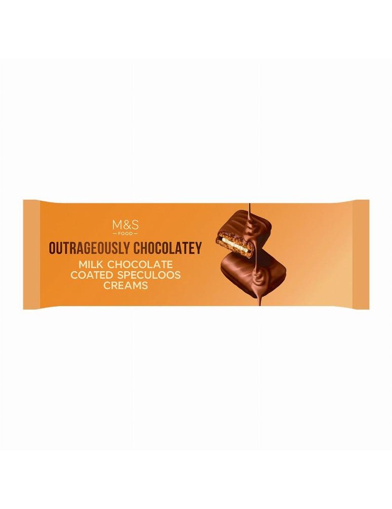 6 pšeničných sušenek se skořicovou příchutí slepovaných náplní s příchutí karamelizovaných sušenek a máčených v mléčné čokoládě