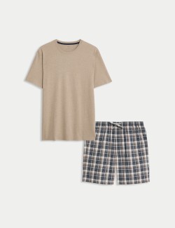 Neutrální kostkovaná pyžamová souprava z čisté bavlny