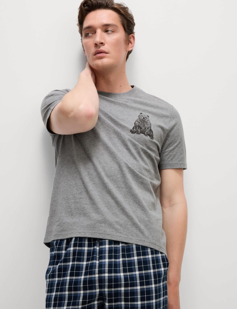 Domácí top z čisté bavlny s grafickým potiskem medvěda