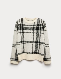 Checked Crew Neck Relaxed Fit Jumper With Wool