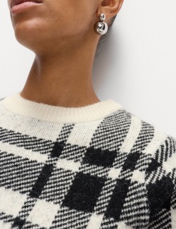 Checked Crew Neck Relaxed Fit Jumper With Wool