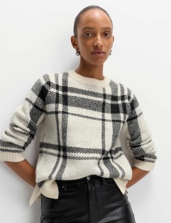 Checked Crew Neck Relaxed Fit Jumper With Wool
