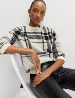 Checked Crew Neck Relaxed Fit Jumper With Wool