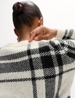 Checked Crew Neck Relaxed Fit Jumper With Wool