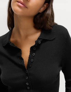 Ribbed Collared Button Detail Knitted Top