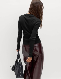 Ribbed Collared Button Detail Knitted Top