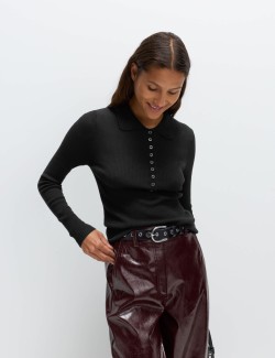 Ribbed Collared Button Detail Knitted Top