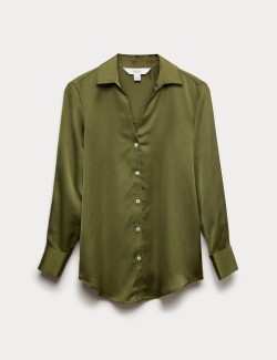 Satin Collared V-Neck Button Through Shirt