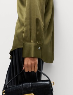 Satin Collared V-Neck Button Through Shirt